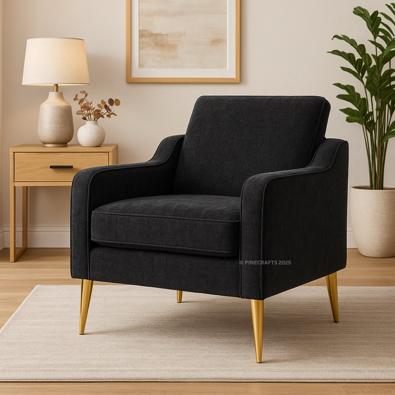 Black armchair in a living room setting with a side table, lamp, and plant.